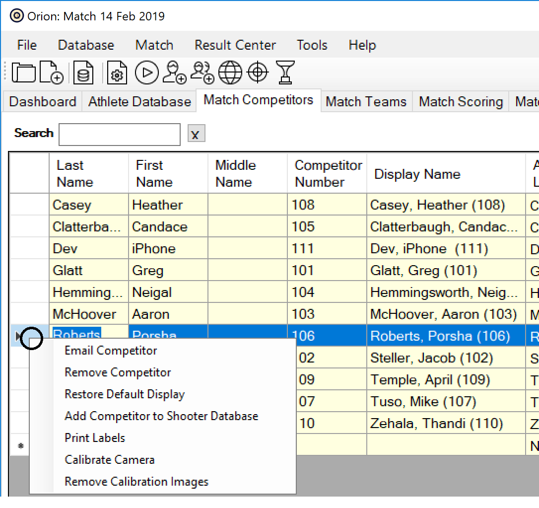 match competitor menu